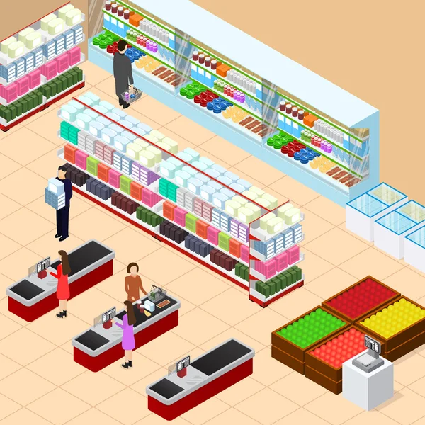 Boutique intérieure avec meubles Vue imétrique. Vecteur — Image vectorielle