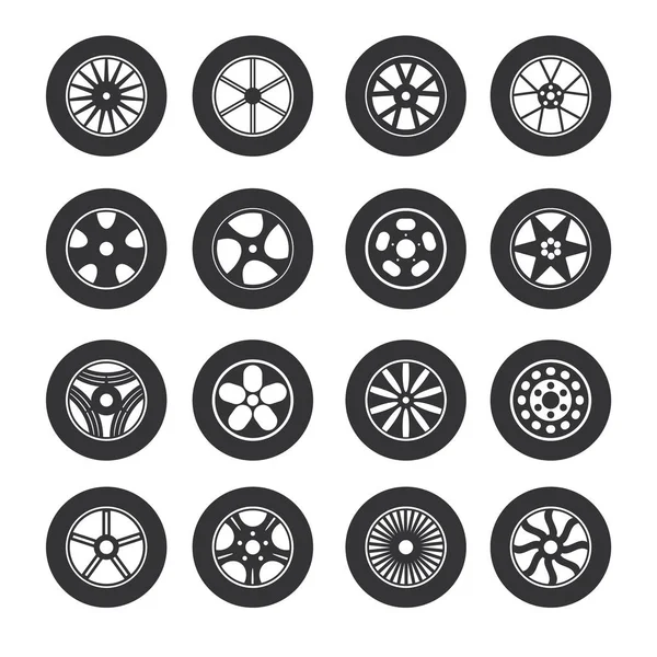 Juego de iconos de ruedas de neumático negro. Vector — Vector de stock
