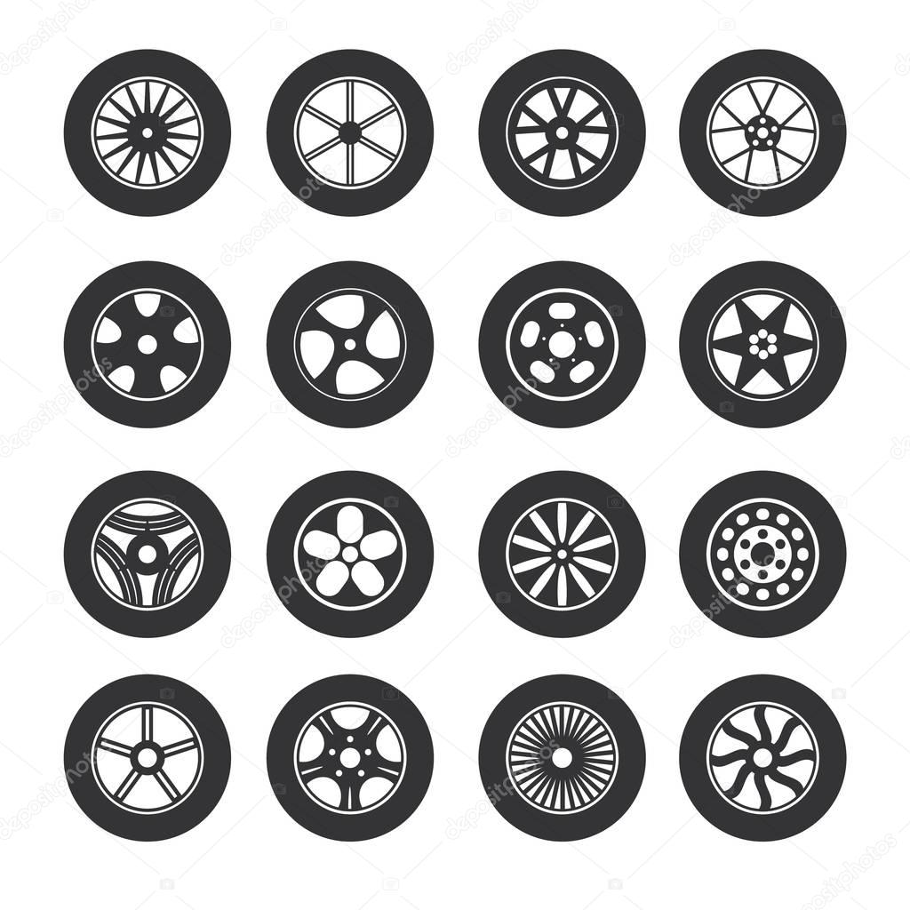 Black Tire Wheels Icon Set. Vector