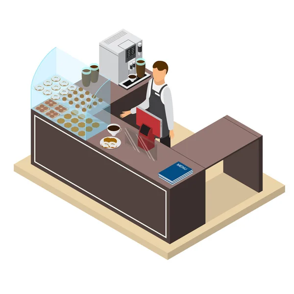 Café ou Bar Counter e Barista Isometric View. Vetor —  Vetores de Stock