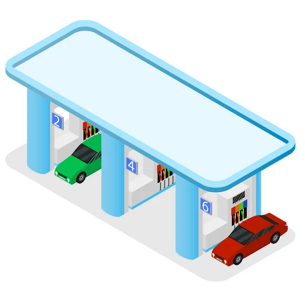 Gas stationsgebouw en auto isometrische weergave. Vector — Stockvector