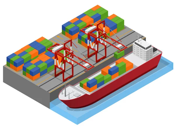 Port Town and Barge Ship Isometric View. Vecteur — Image vectorielle