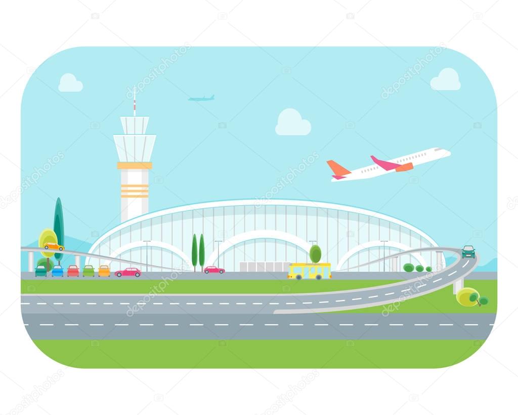 Cartoon Airport Building and Plane. Vector