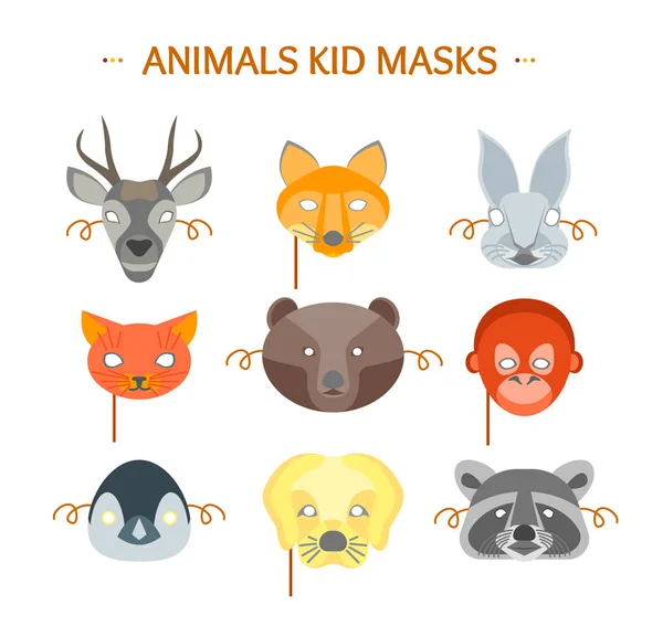 Cartoon Animals Party Mask Set para Kid. Vector — Vector de stock