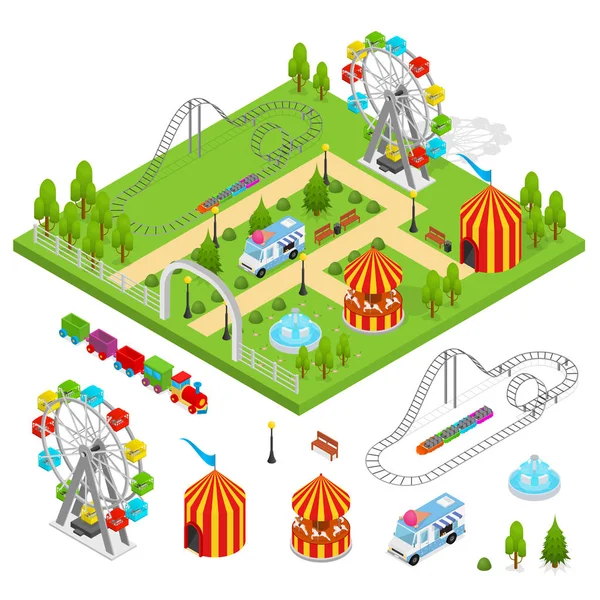 Parque de Atracciones Vista Isométrica. Vector — Vector de stock