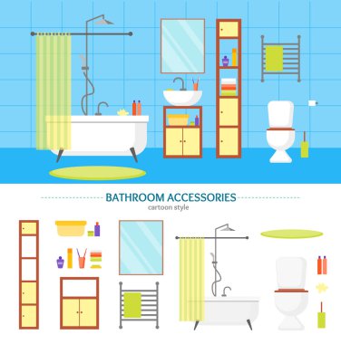 İç klasik banyo ve öğeleri kümesi. Vektör