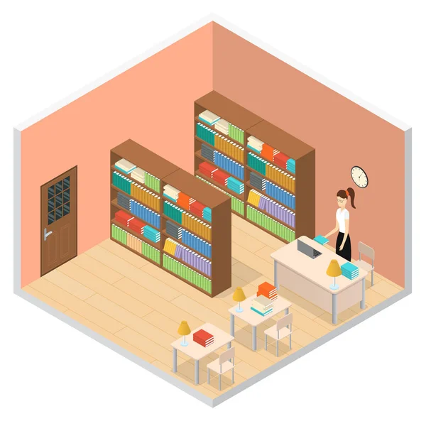 Interieur openbare bibliotheek isometrische weergave. Vector — Stockvector