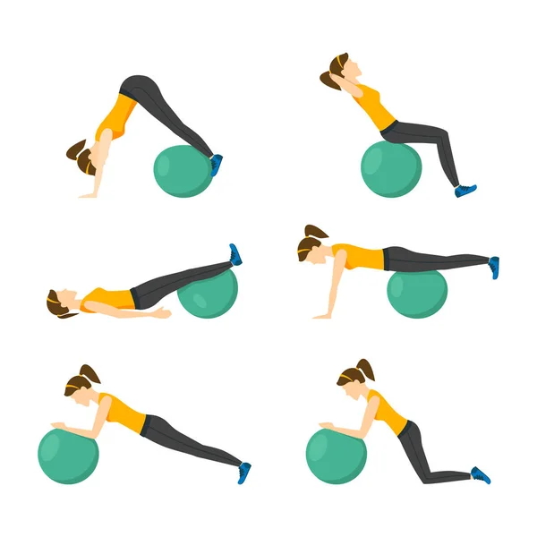 Γυναίκα κάνει σωστή άσκηση με μπάλα γυμναστικής. Διάνυσμα — Διανυσματικό Αρχείο