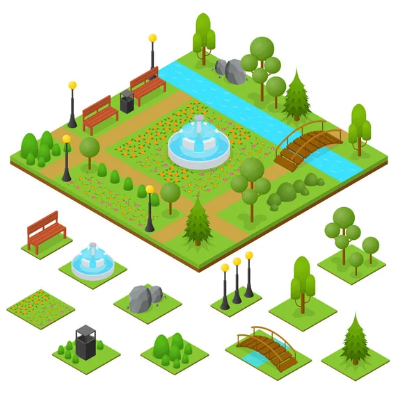 Urban Park and Part Set Isometric View. Vector — Stock Vector