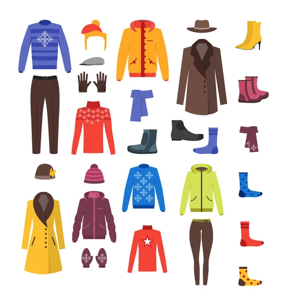 Ropa de invierno Mujer y Hombre Set. Vector — Archivo Imágenes Vectoriales