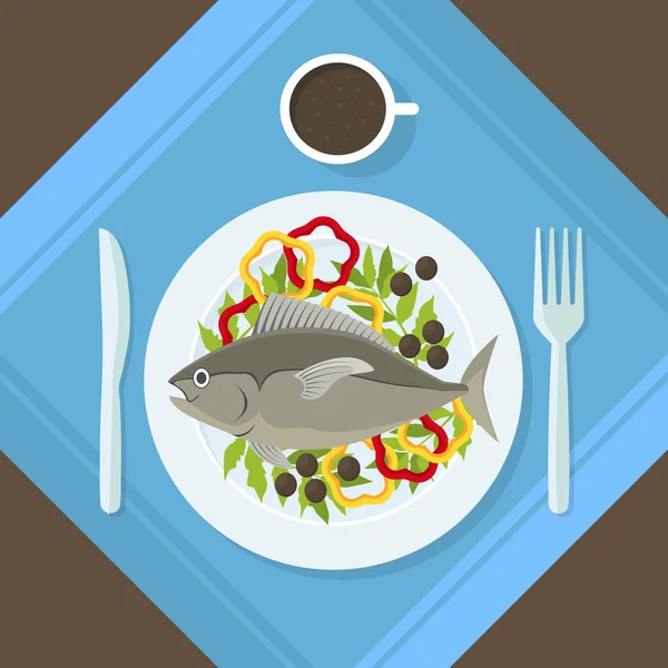 Pescado de dibujos animados y verduras frescas en un plato. Vector — Archivo Imágenes Vectoriales