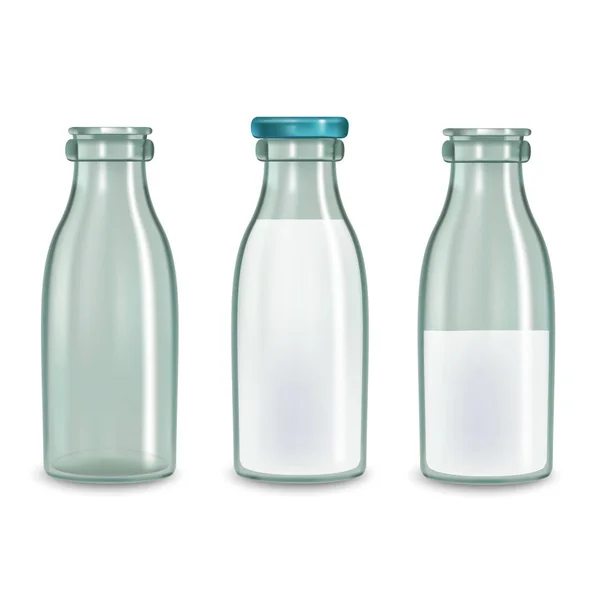 Set de botellas de leche de vidrio transparente realista. Vector — Archivo Imágenes Vectoriales