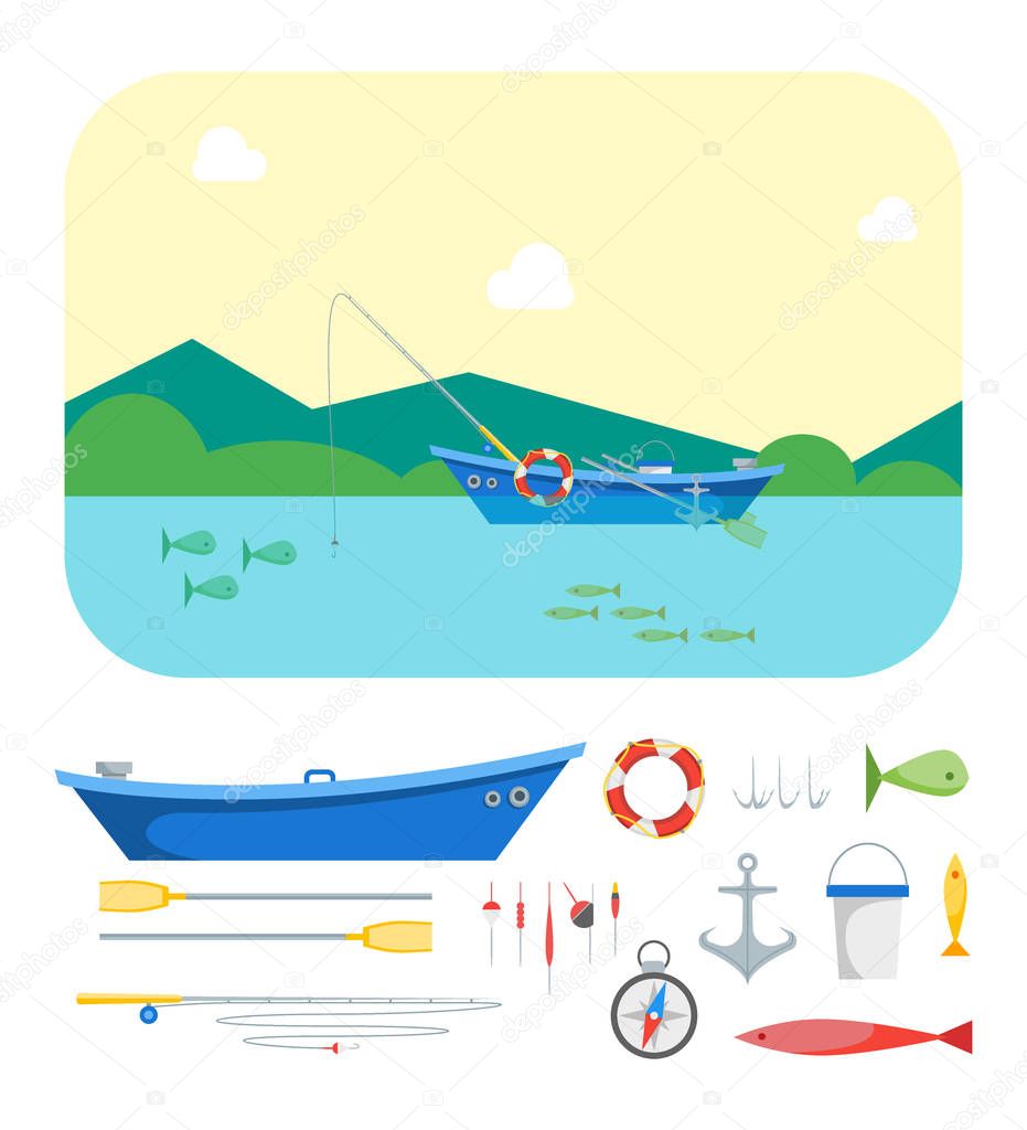 Cartoon Fishing Boat on Landscape and Gear Set. Vector