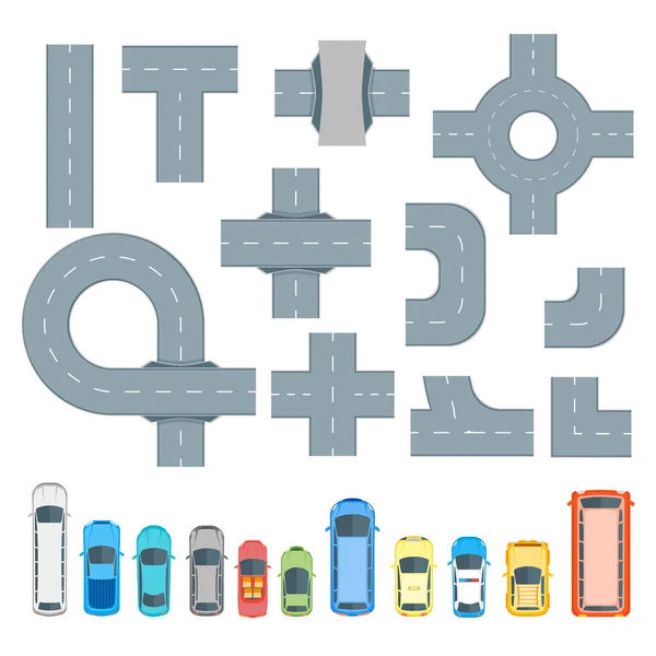 Road Element and Cars Set Top View. Vector — Stock Vector