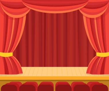 Bir kırmızı perde ile Tiyatro sahne. Vektör
