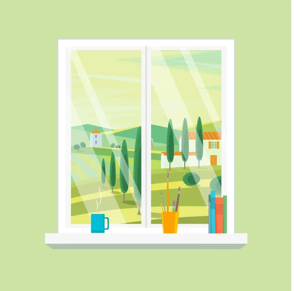 Vista del paisaje de la granja de Windows de dibujos animados. Vector — Archivo Imágenes Vectoriales