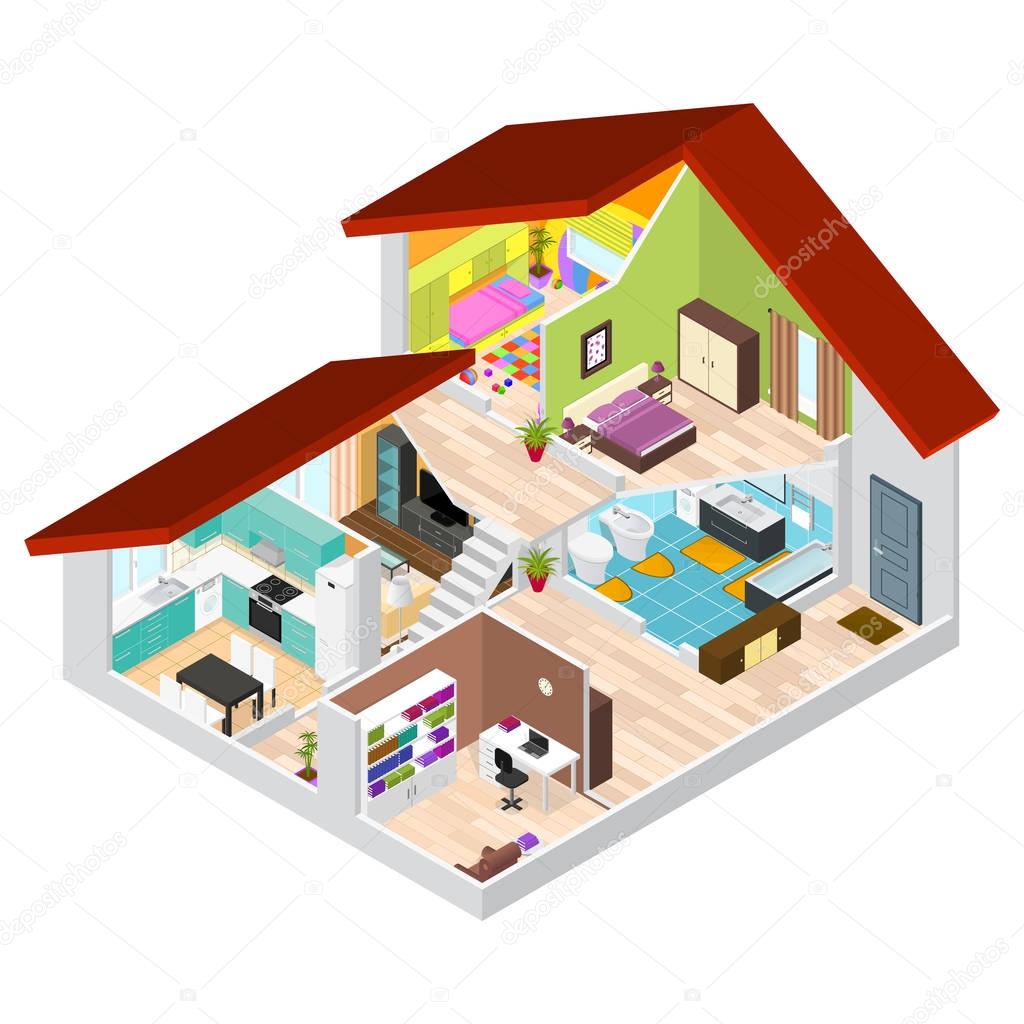 House in Cutaway Isometric View. Vector