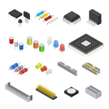Bilgisayar elektronik devre kartı bileşen izometrik görüntüleyin. Vektör