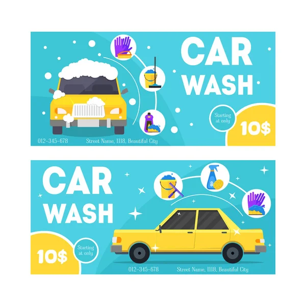 Servizio di lavaggio auto Banner Set di carte. Vettore — Vettoriale Stock