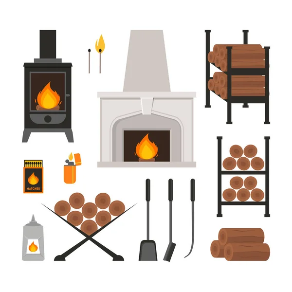 Cartoon Fireplace Icons Set. Vector — Stock Vector