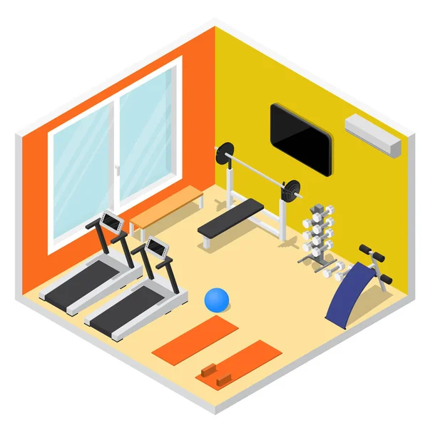 Interior Gym with Exercise Equipment Isometric View. Vector — Stock Vector