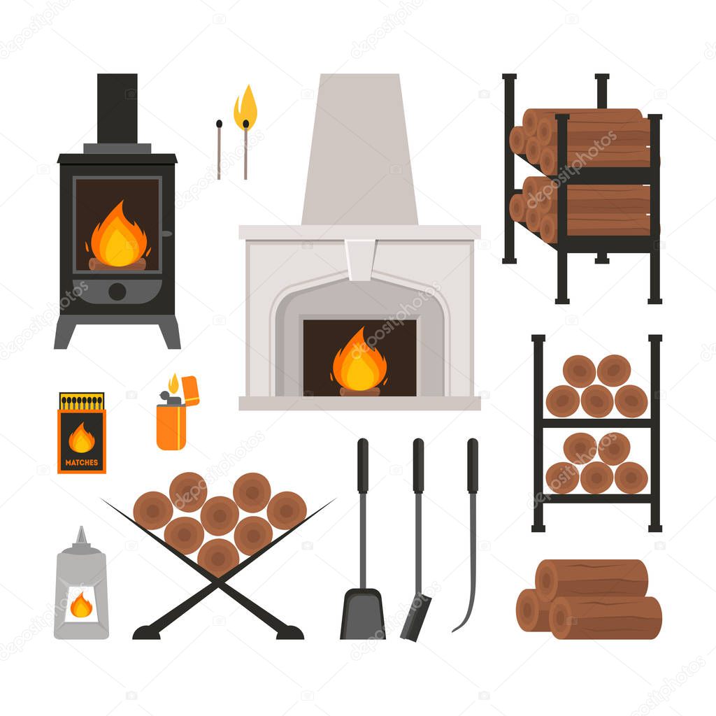 Cartoon Fireplace Icons Set. Vector