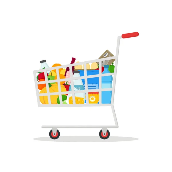 Carro de compras con productos. Vector — Vector de stock