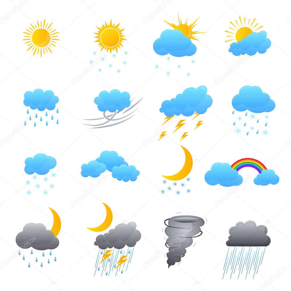 Cartoon Weather Color Icons Set. Vector