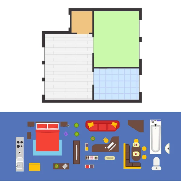 Plano del apartamento y juego de muebles. Vector — Vector de stock