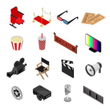 Sinema renk simgeleri izometrik görünümü ayarlayın. Vektör