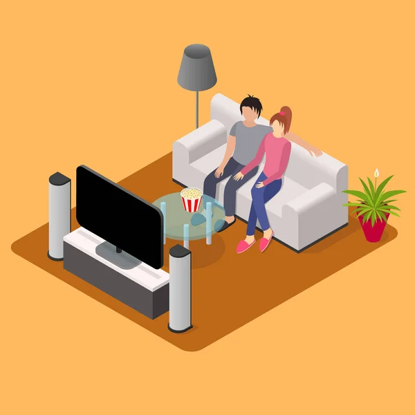 Jeune couple aimant regarder la télévision vue isométrique. Vecteur — Image vectorielle