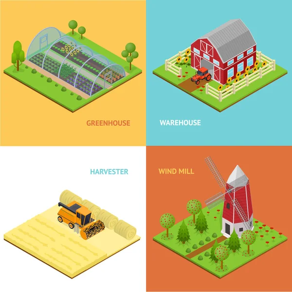 Farm Banner Card Set Isometric View. Vector — Stock Vector