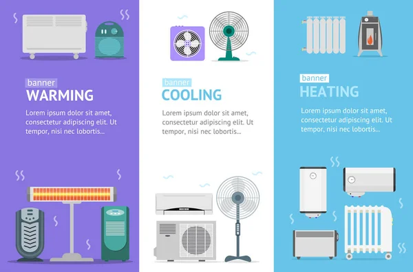 Θέρμανσης, ψύξης και θέρμανσης συσκευές Banner κάρτα Vecrtical σύνολο. Διάνυσμα — Διανυσματικό Αρχείο