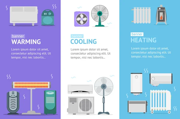 Dispositivos de calefacción, refrigeración y calentamiento Banner Card Vecrtical Set. Vector — Vector de stock