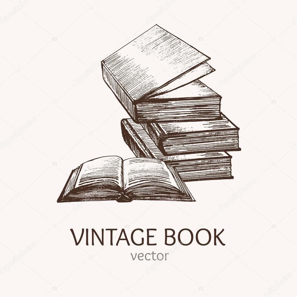 Book Stack Hand Draw Sketch Card. Vector