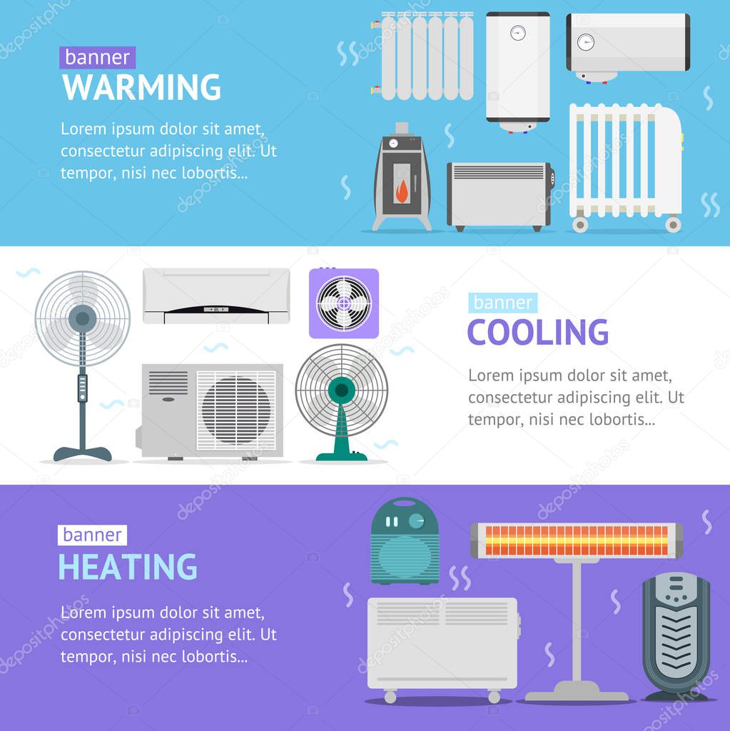 Heating, Cooling and Warming Devices Banner Card Horizontal Set. Vector