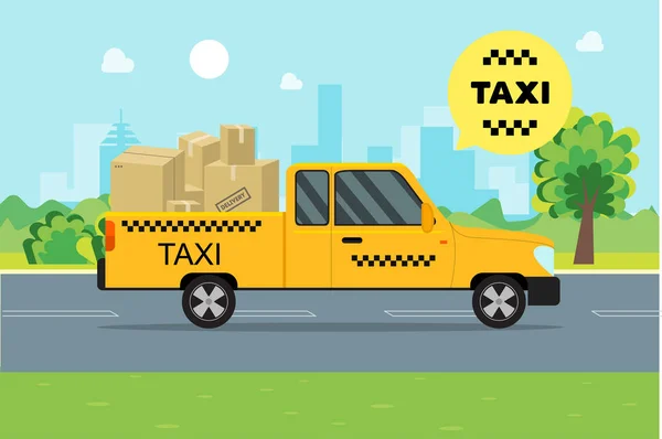 Taxiservice flyttar bilen på landskapet bakgrund. Vektor — Stock vektor