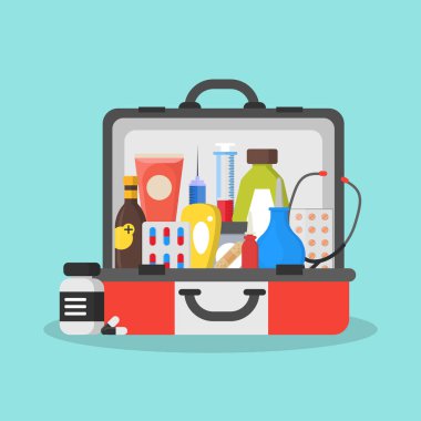 İlk yardım seti kutusu veya bavul. Vektör