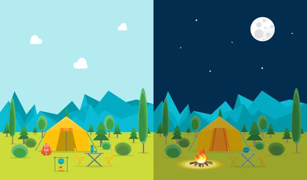 Cartoon Camping Vista giorno e notte. Vettore — Vettoriale Stock