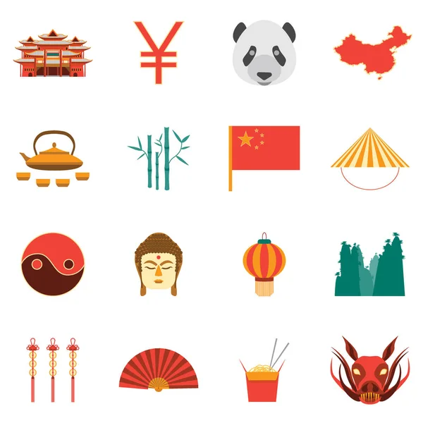 Cartone animato cinese cultura e turismo colorato icone Set. Vettore — Vettoriale Stock