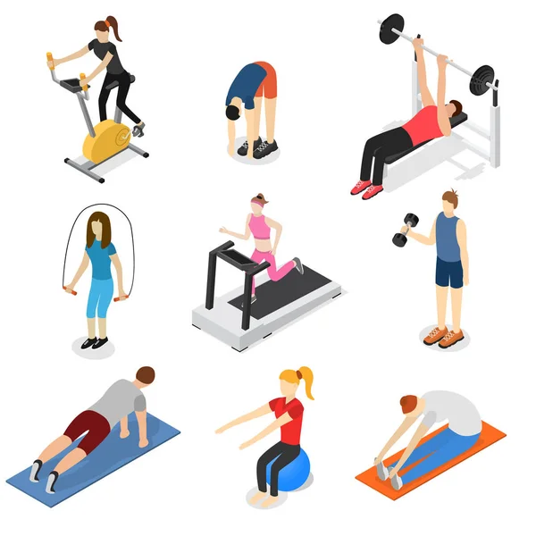 Sport People in Gym Set Isometric View. Vecteur — Image vectorielle