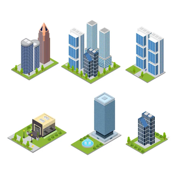 City Skyscraper and Cafe Building Set Isometric View. Вектор — стоковый вектор