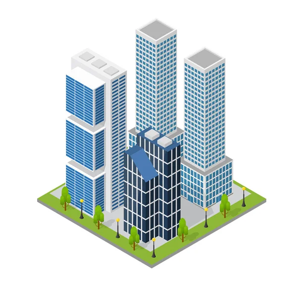 Quartiere paesaggistico della città e grattacielo edificio vista isometrica. Vettore — Vettoriale Stock