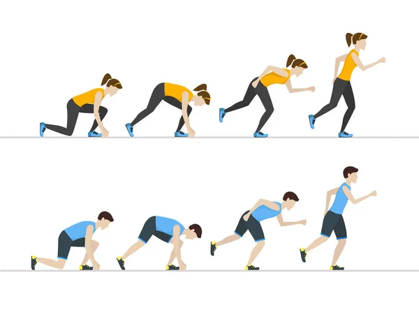 Laufende Frauen und Männer legen Stufenpositionen fest. Vektor — Stockvektor