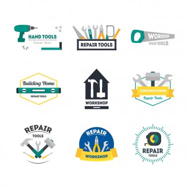 Çizgi film el araçları rozetleri veya etiketleri kümesi. Vektör