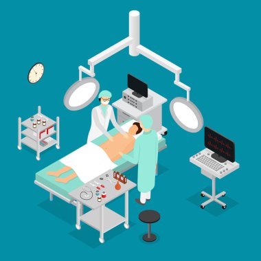 Hasta ve doktor ameliyat izometrik görünümü işletim. Vektör