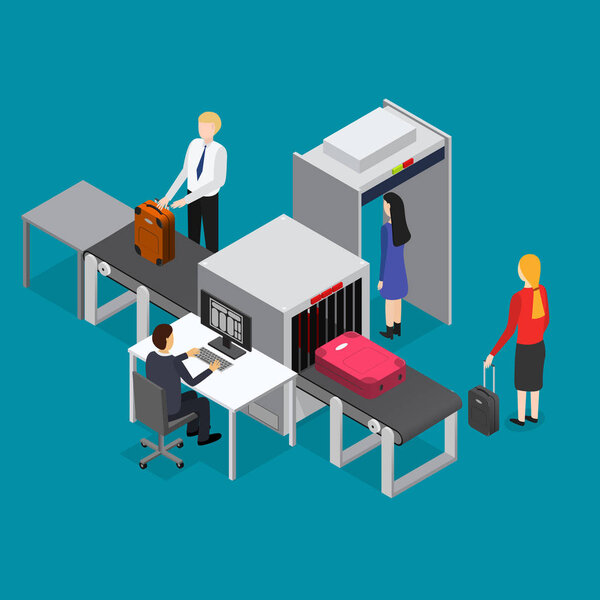 Airport Waiting Security Control Isometric View. Vector