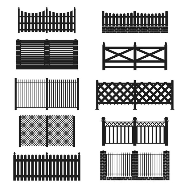 Silhouette Black Fence Icon Set. Vector