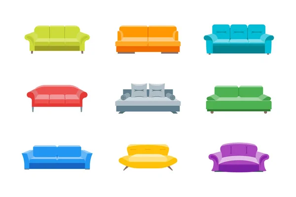 Canapé dessin animé ou ensemble d'icônes de couleur Divan. Vecteur — Image vectorielle