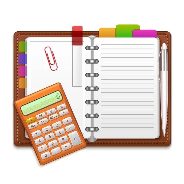 Cuaderno del organizador realista, etiquetas de color y calculadora. Vector — Archivo Imágenes Vectoriales